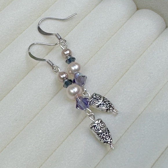 Handmade Double Drop Owl Earrings Tanzanite AB Crystal & Blush Faux Pearls - Picture 3 of 5